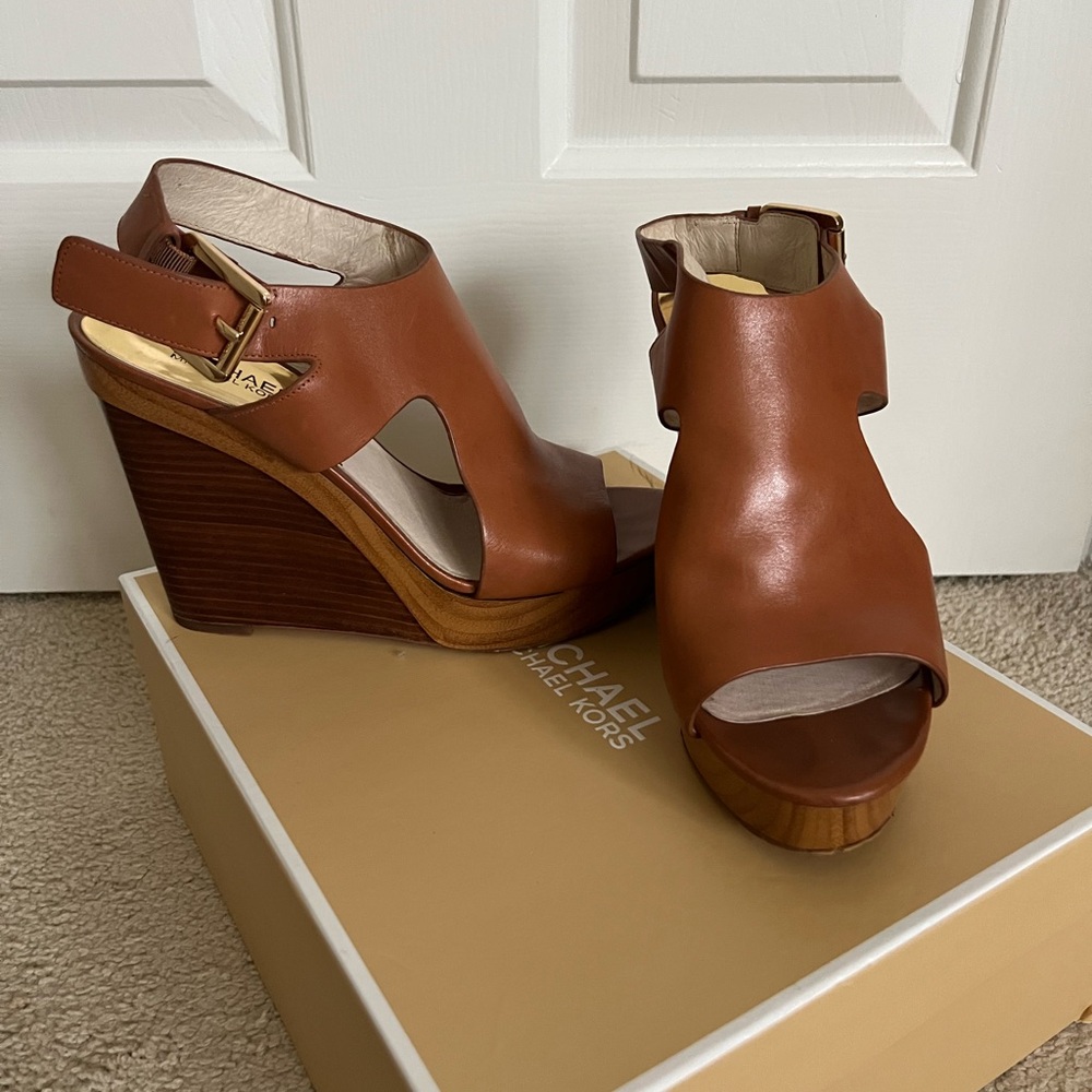 Michael Kors Tan Leather Wedge Sandals